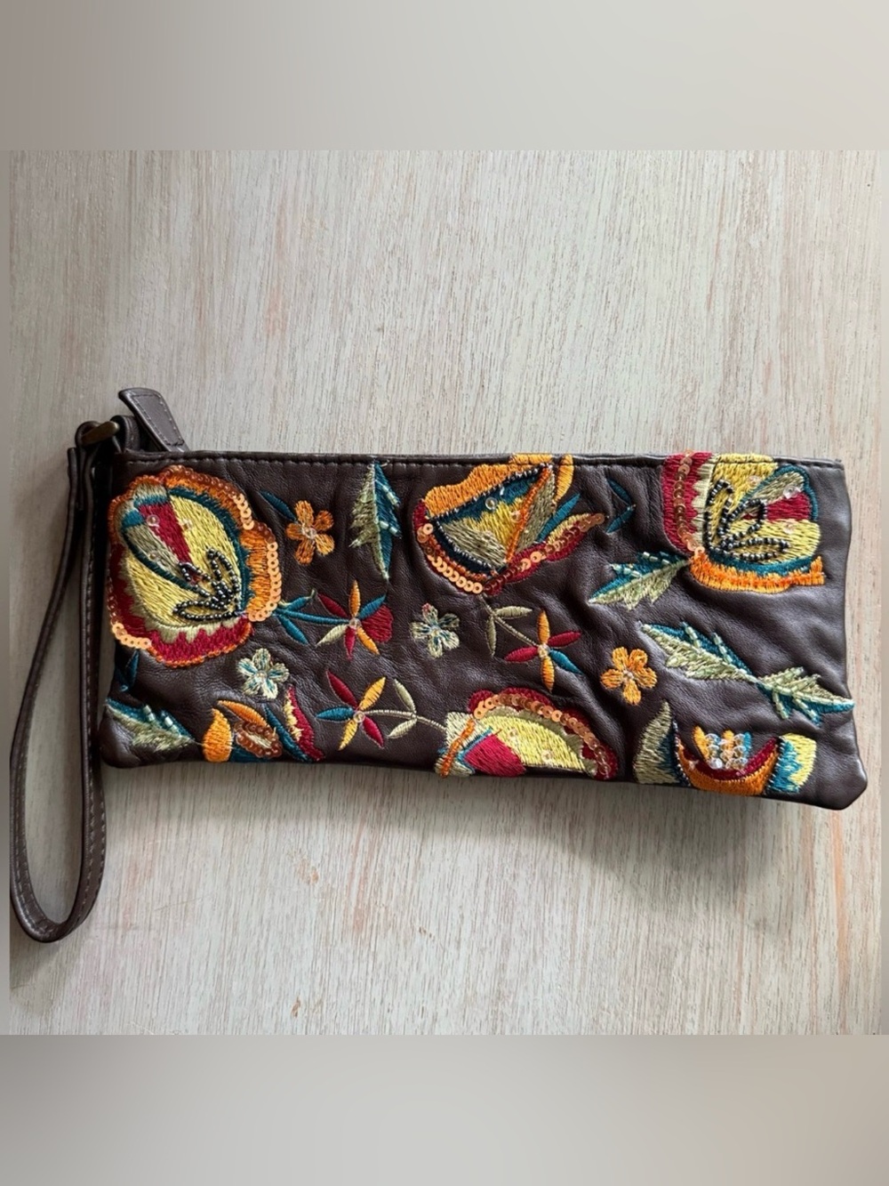 Arden B Y2K Embroidered Beaded Leather Wristlet Clutch Floral Brown Cocktail Bag